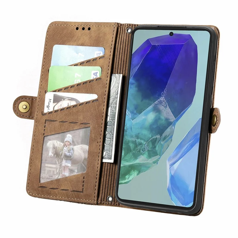 For ZTE Blade A55 Case Zipper Wallet Geometry Lines Leather Phone Cover - Brown