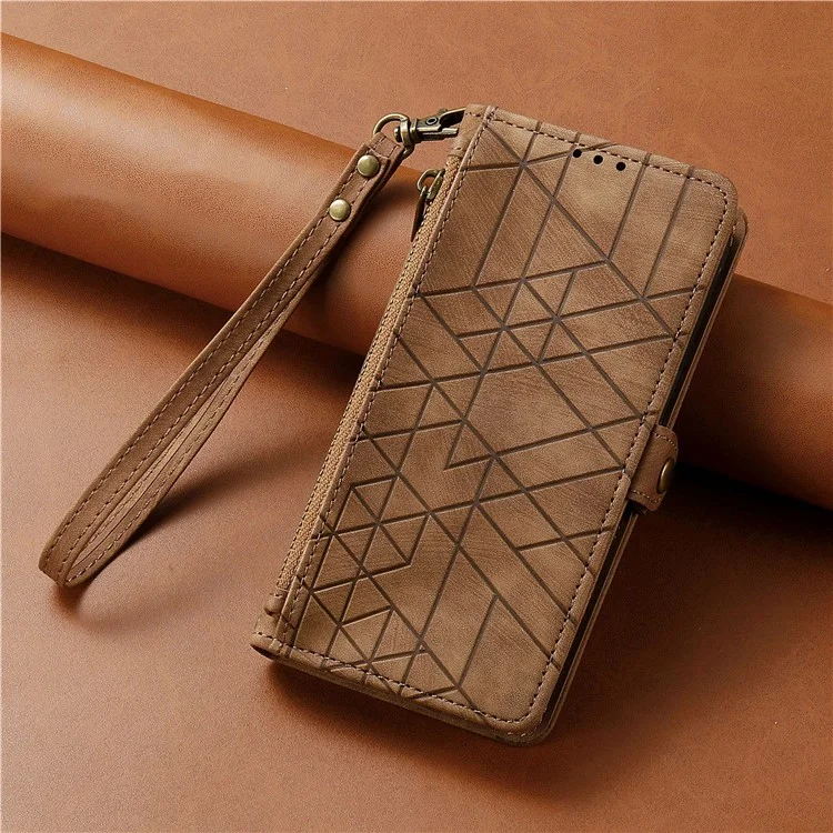 For ZTE Blade A55 Case Zipper Wallet Geometry Lines Leather Phone Cover - Brown