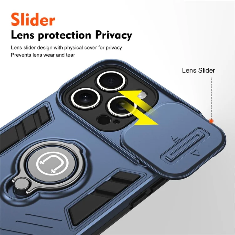 For iPhone 16 Pro Max Case Slide Camshield Kickstand PC+TPU Phone Cover - Blue