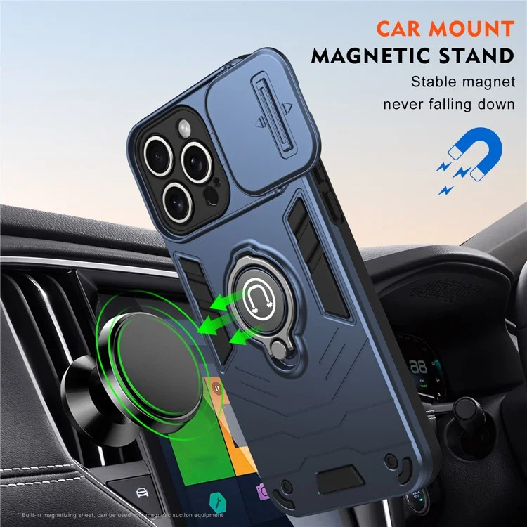 For iPhone 16 Pro Max Case Slide Camshield Kickstand PC+TPU Phone Cover - Blue