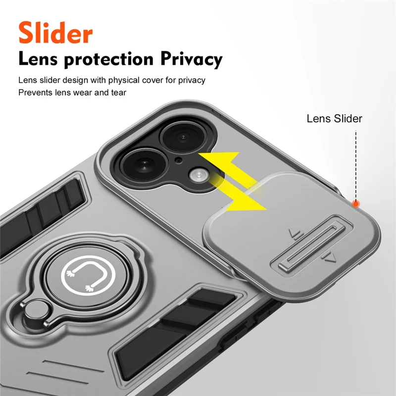 For iPhone 16 Case Slide Camshield Kickstand PC+TPU Phone Cover - Grey