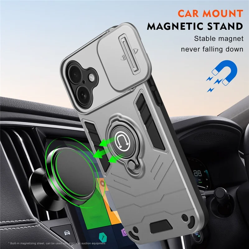 For iPhone 16 Case Slide Camshield Kickstand PC+TPU Phone Cover - Grey