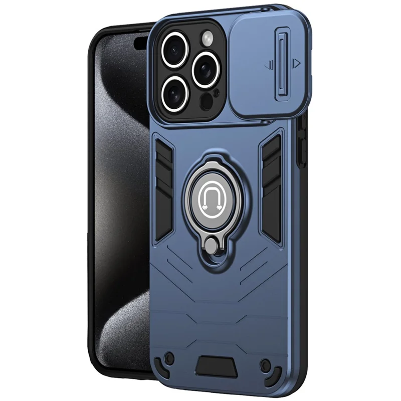 For iPhone 16 Pro Case Slide Camshield Kickstand PC+TPU Phone Cover - Blue