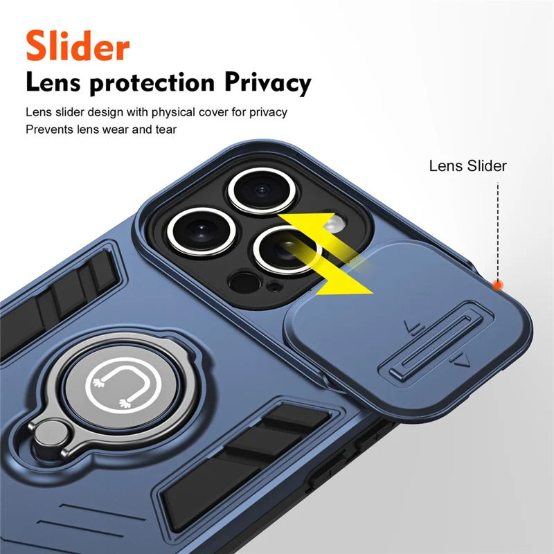 For iPhone 16 Pro Case Slide Camshield Kickstand PC+TPU Phone Cover - Blue