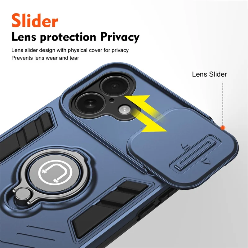 Voor iPhone 16 Plus hoesje met schuifbare camerscherm en standaard PC+TPU telefoonhoes - Blauw