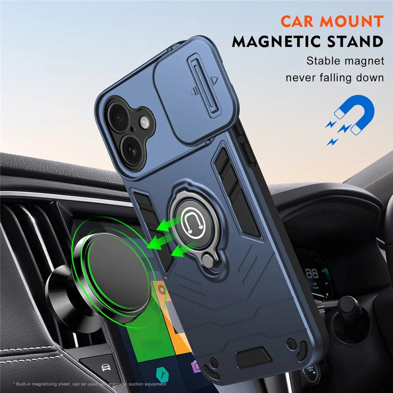 Voor iPhone 16 Plus hoesje met schuifbare camerscherm en standaard PC+TPU telefoonhoes - Blauw