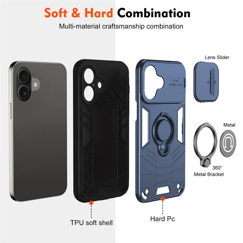Voor iPhone 16 Plus hoesje met schuifbare camerscherm en standaard PC+TPU telefoonhoes - Blauw