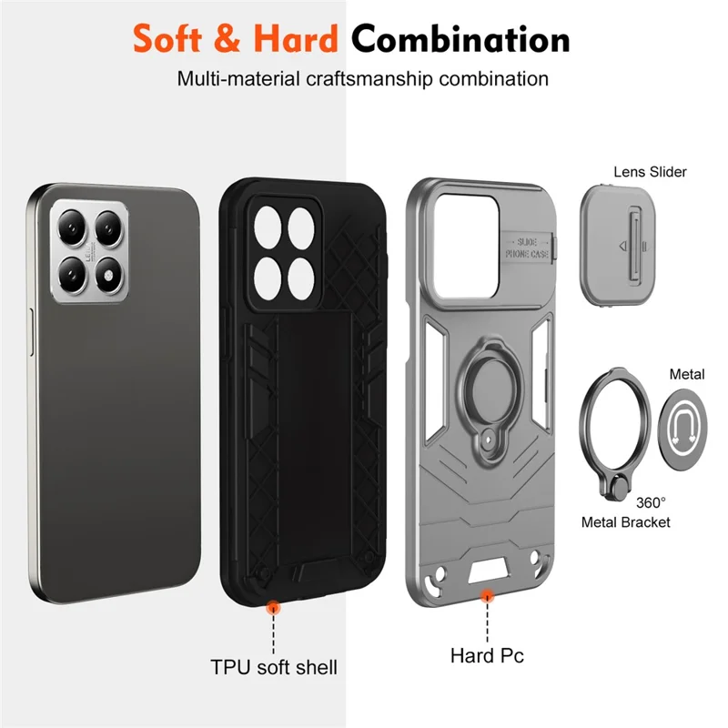 For Xiaomi 14T Case Slide Camshield Kickstand PC+TPU Phone Cover - Grey