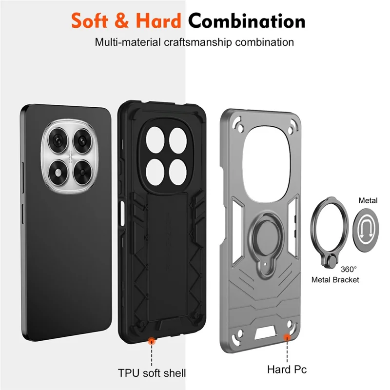 For Xiaomi Redmi Note 14 Pro 5G / Poco X7 5G Case Slide Camshield Kickstand PC+TPU Phone Cover - Grey