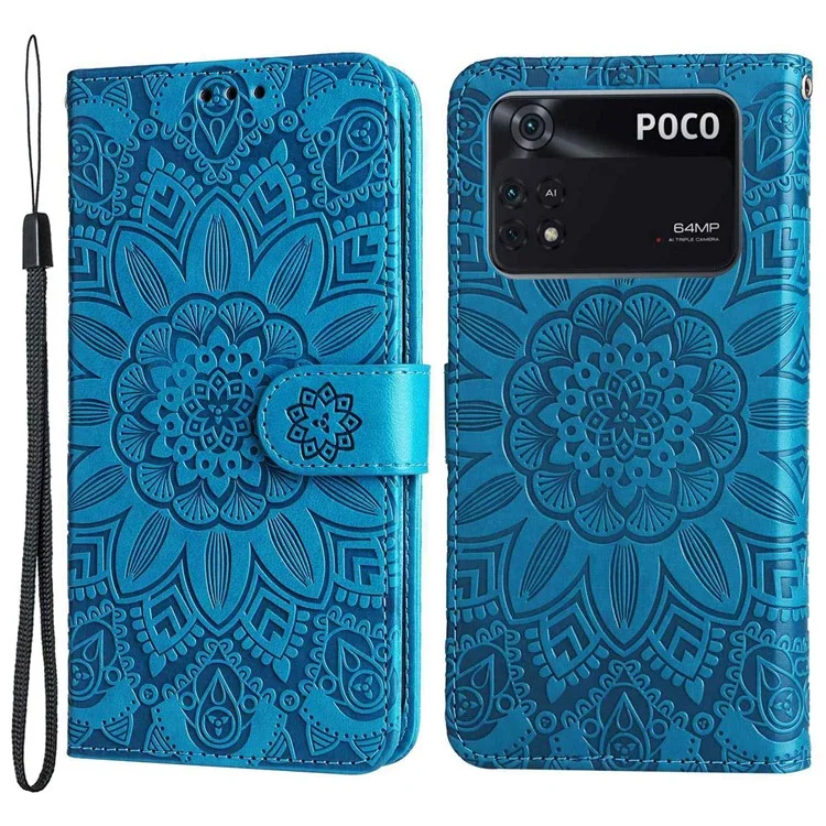 Para Xiaomi Poco M4 Pro 4G Girassol Impresso Caixa de Telefone PU PU Cauleta Tape de Tolo de Flip Stand Stand Stand Com Pulseira - Azul