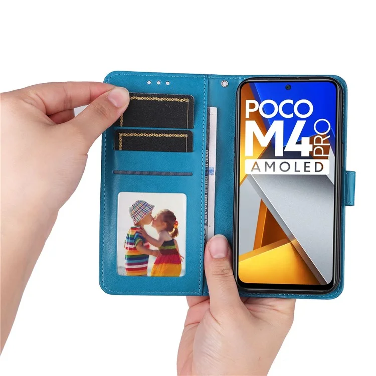 Para Xiaomi Poco M4 Pro 4G Girassol Impresso Caixa de Telefone PU PU Cauleta Tape de Tolo de Flip Stand Stand Stand Com Pulseira - Azul