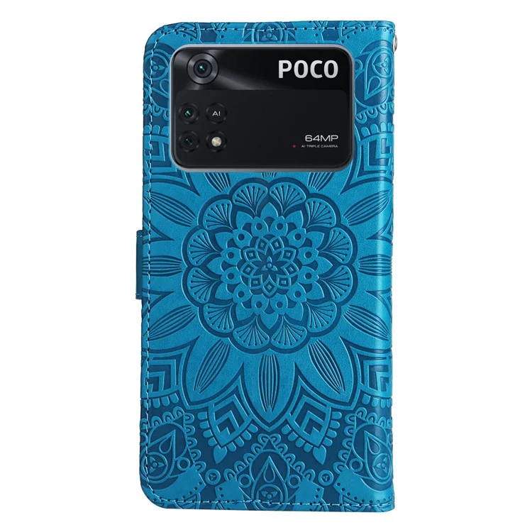 Para Xiaomi Poco M4 Pro 4G Girassol Impresso Caixa de Telefone PU PU Cauleta Tape de Tolo de Flip Stand Stand Stand Com Pulseira - Azul