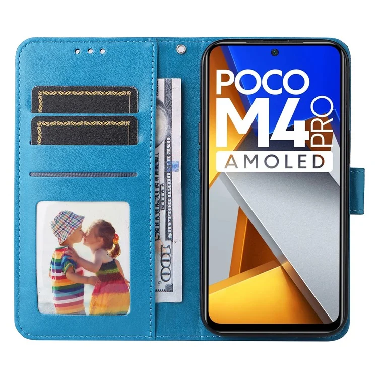 Para Xiaomi Poco M4 Pro 4G Girassol Impresso Caixa de Telefone PU PU Cauleta Tape de Tolo de Flip Stand Stand Stand Com Pulseira - Azul