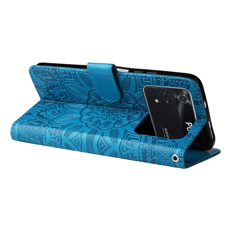 Para Xiaomi Poco M4 Pro 4G Girassol Impresso Caixa de Telefone PU PU Cauleta Tape de Tolo de Flip Stand Stand Stand Com Pulseira - Azul