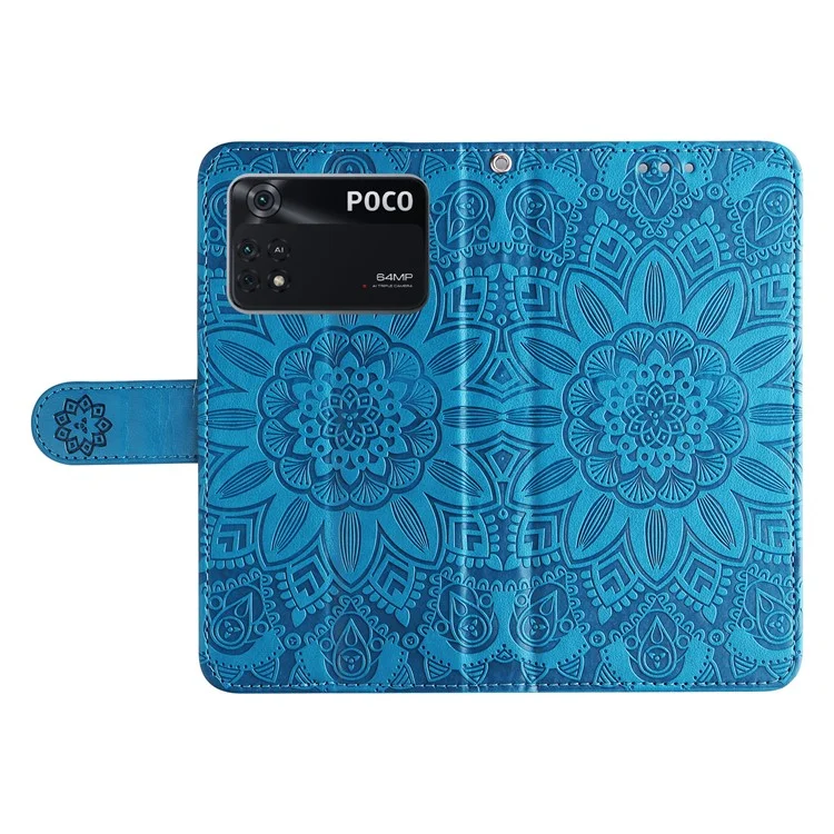 Para Xiaomi Poco M4 Pro 4G Girassol Impresso Caixa de Telefone PU PU Cauleta Tape de Tolo de Flip Stand Stand Stand Com Pulseira - Azul