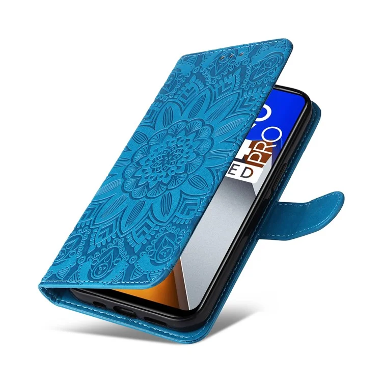 Para Xiaomi Poco M4 Pro 4G Girassol Impresso Caixa de Telefone PU PU Cauleta Tape de Tolo de Flip Stand Stand Stand Com Pulseira - Azul
