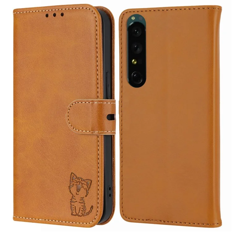 For Sony Xperia 5 IV 5G Case Happy Cat Pattern Imprinted Leather Wallet Phone Cover - Yellow
