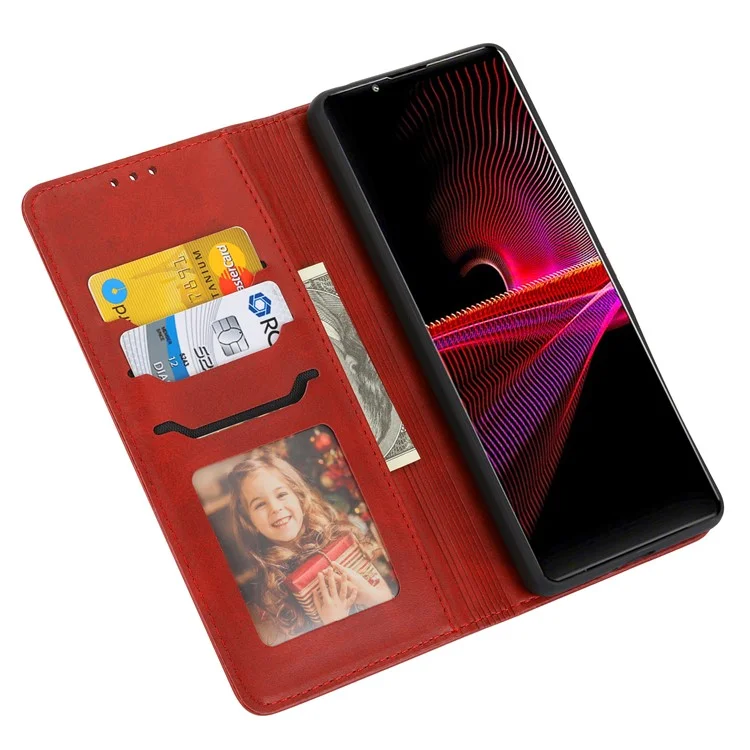For Sony Xperia 5 IV 5G Case Happy Cat Pattern Imprinted Leather Wallet Phone Cover - Red