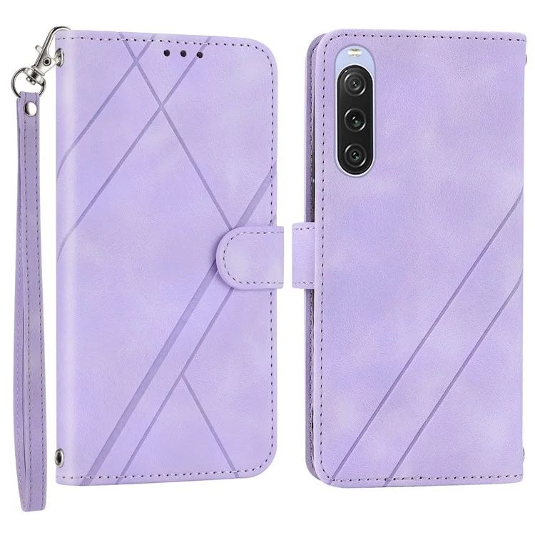 For Sony Xperia 5 IV 5G Case Imprinted Line Leather Phone Cover with Handy Strap - Purple