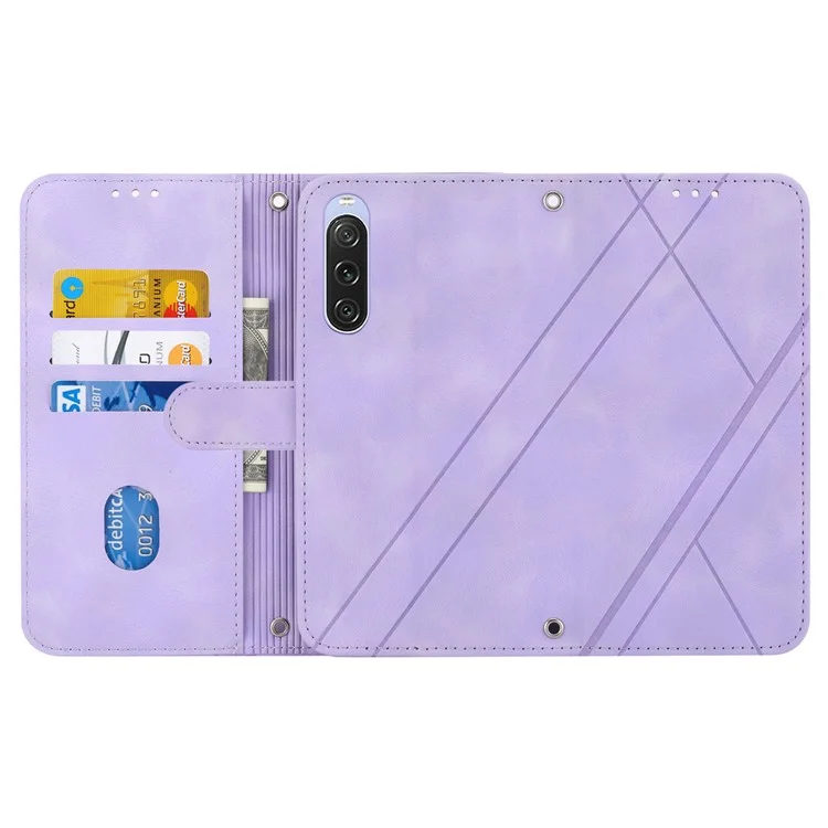 For Sony Xperia 5 IV 5G Case Imprinted Line Leather Phone Cover with Handy Strap - Purple