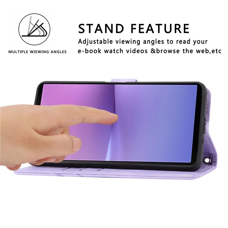 For Sony Xperia 5 IV 5G Case Imprinted Line Leather Phone Cover with Handy Strap - Purple