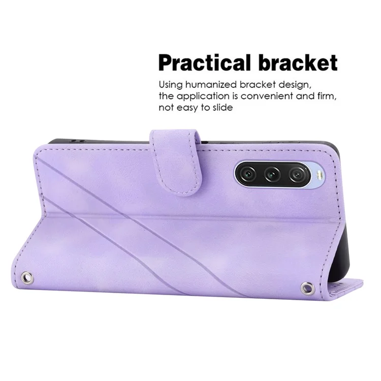 For Sony Xperia 5 IV 5G Case Imprinted Line Leather Phone Cover with Handy Strap - Purple