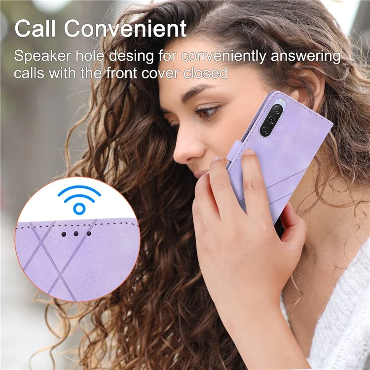 For Sony Xperia 5 IV 5G Case Imprinted Line Leather Phone Cover with Handy Strap - Purple