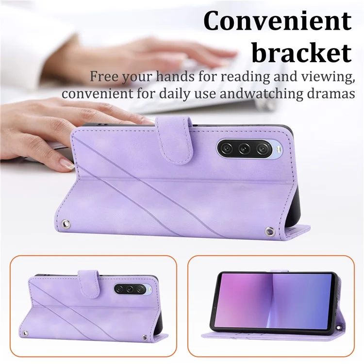 For Sony Xperia 5 IV 5G Case Imprinted Line Leather Phone Cover with Handy Strap - Purple