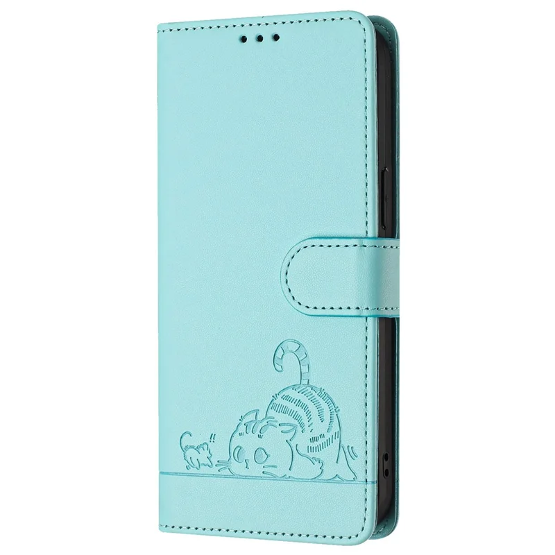 For Samsung Galaxy S25 Case with Strap RFID Blocking Leather Wallet Phone Cover Cat Mouse Pattern - Mint Green