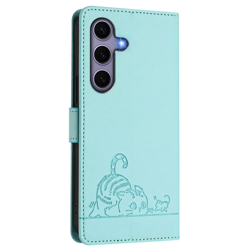 For Samsung Galaxy S25 Case with Strap RFID Blocking Leather Wallet Phone Cover Cat Mouse Pattern - Mint Green