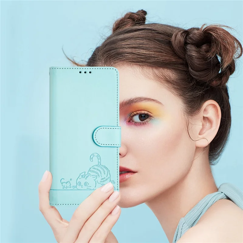 For Samsung Galaxy S25 Case with Strap RFID Blocking Leather Wallet Phone Cover Cat Mouse Pattern - Mint Green