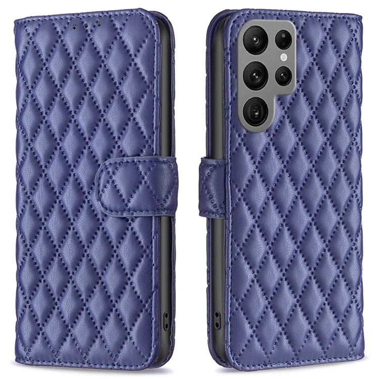 BINFEN COLOR BF Style-14 Funda para Samsung Galaxy S25 Ultra Cubierta de piel con soporte con diseño de rombo - Azul