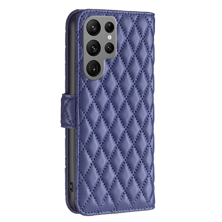 BINFEN COLOR BF Style-14 Funda para Samsung Galaxy S25 Ultra Cubierta de piel con soporte con diseño de rombo - Azul