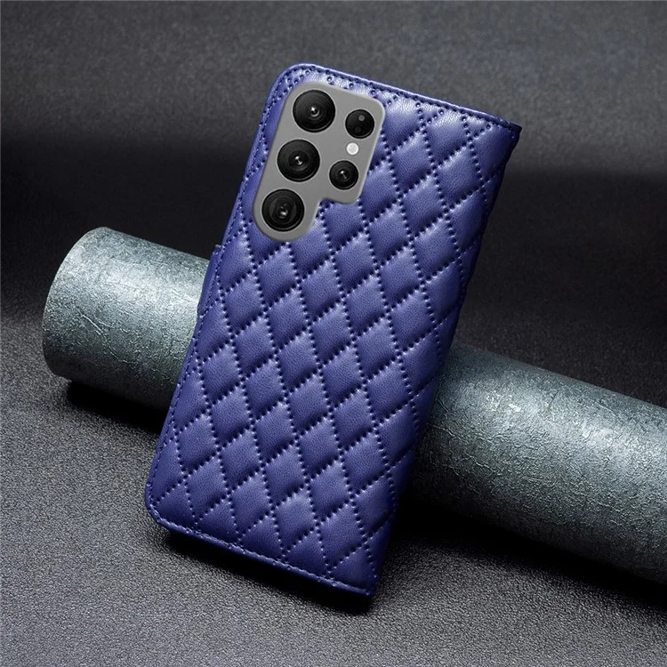 BINFEN COLOR BF Style-14 Funda para Samsung Galaxy S25 Ultra Cubierta de piel con soporte con diseño de rombo - Azul