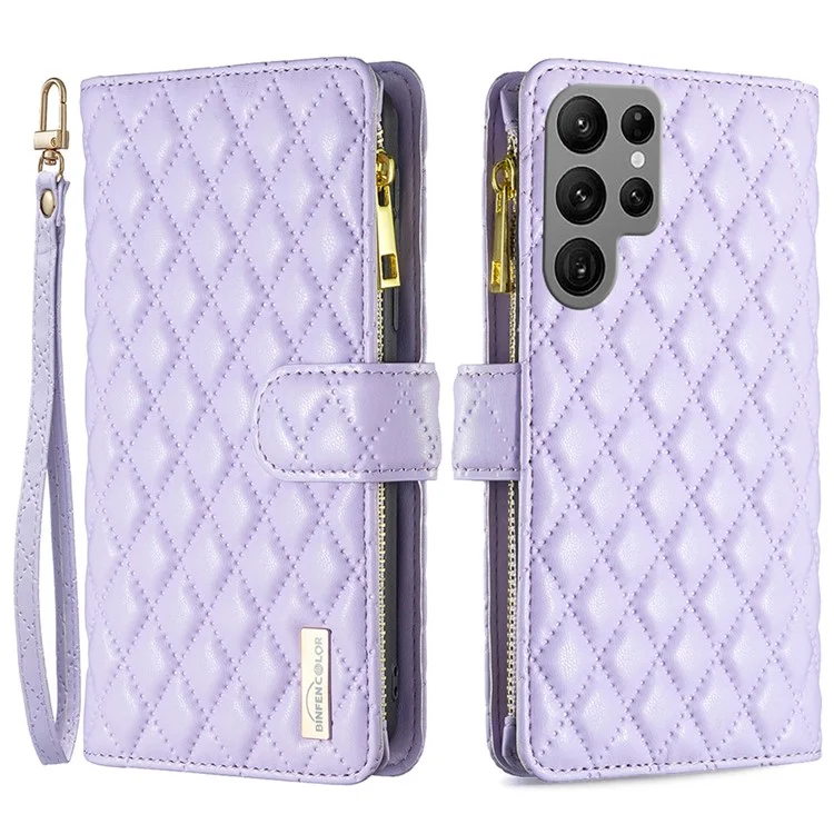 CAPA DE COURO BINFEN COLOR BF Style-15 PARA SAMSUNG GALAXY S25 ULTRA COM BOLSO COM ZÍPER E CAPA DE TELEFONE TIPO LOSANGO - ROXO