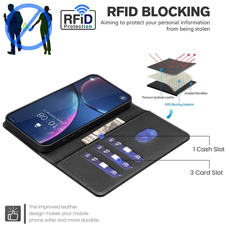 BINFEN COLOR BF32 Pour Honor X7c 4G / 200 Smart 5G Étui en cuir portefeuille avec protection RFID - Noir