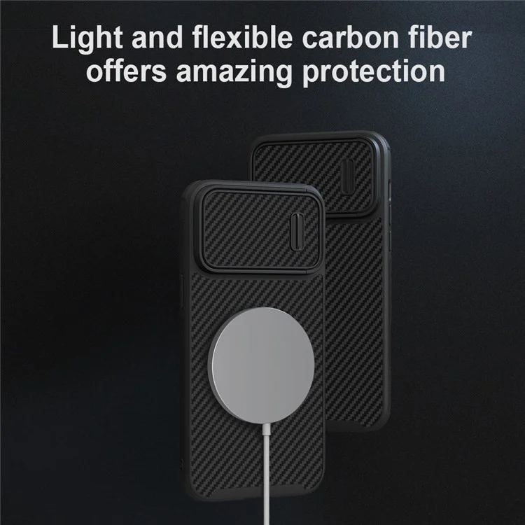 Nillkin Para Iphone 14 Pro Max Carbon Fiber Case Slide Camera Protección PC + TPU Cubierta Compatible Con Magsafe