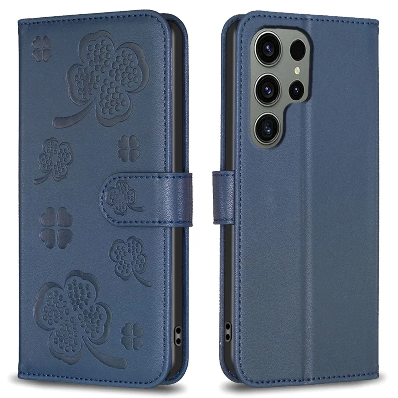 For Samsung Galaxy S25 Ultra Case Clover Pattern Wallet Stand View Leather Phone Cover - Blue