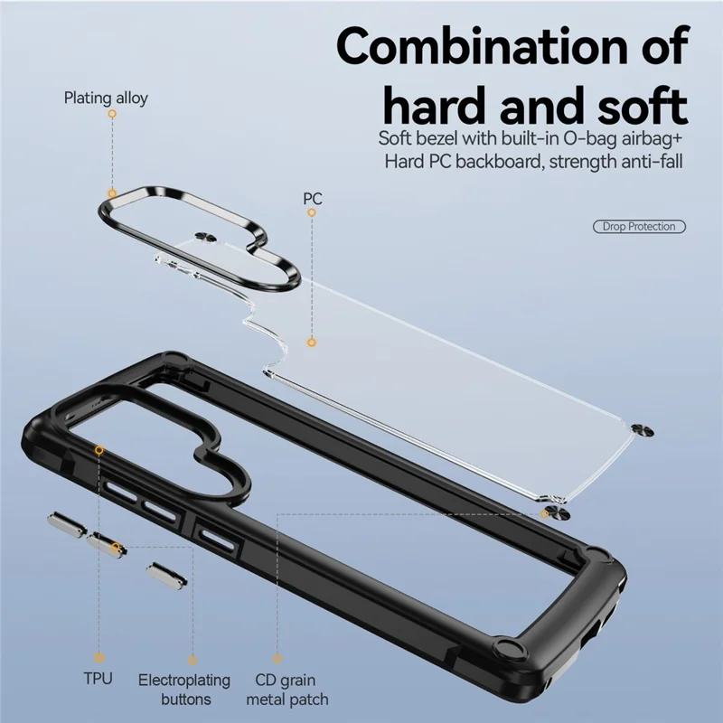 Pour Samsung Galaxy S25 Ultra Case Anti-Drop Alloy Lens Frame PC+TPU Phone Cover - Noir