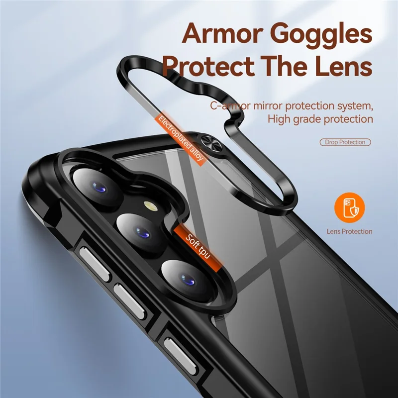 Para Samsung Galaxy S25+ Case Anti-Drop Alloy Lens Frame PC+TPU Phone Cover - Black