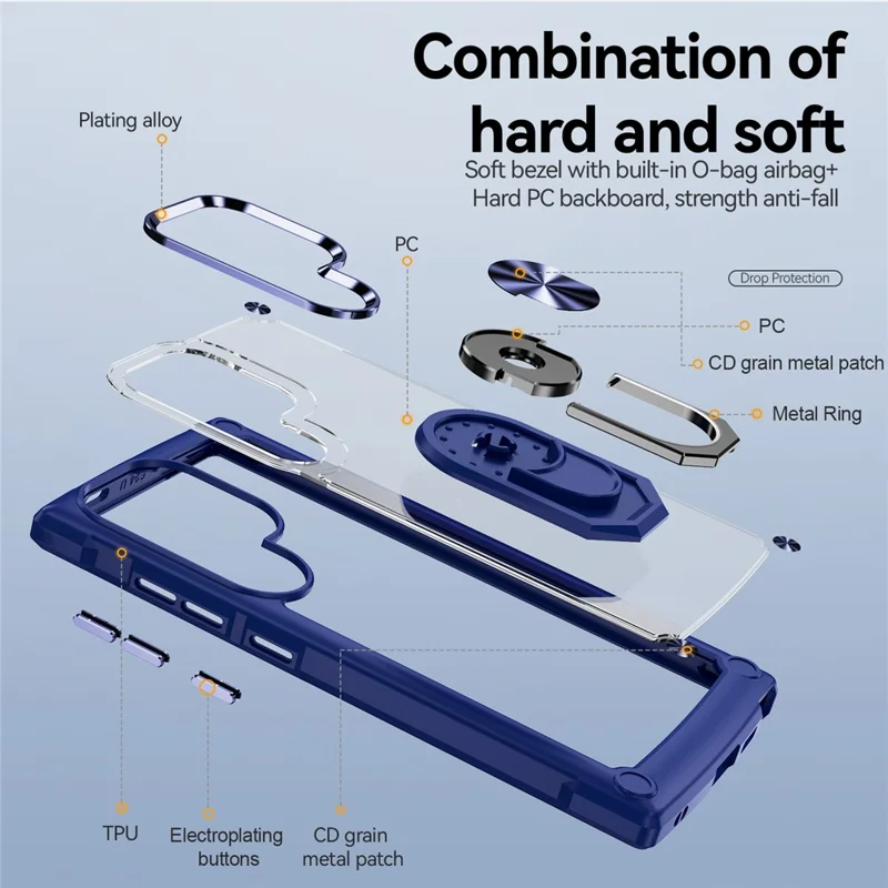 Capa para Samsung Galaxy S25 Ultra Alloy Lens Frame PC + TPU Kickstand Phone Back Cover - Azul