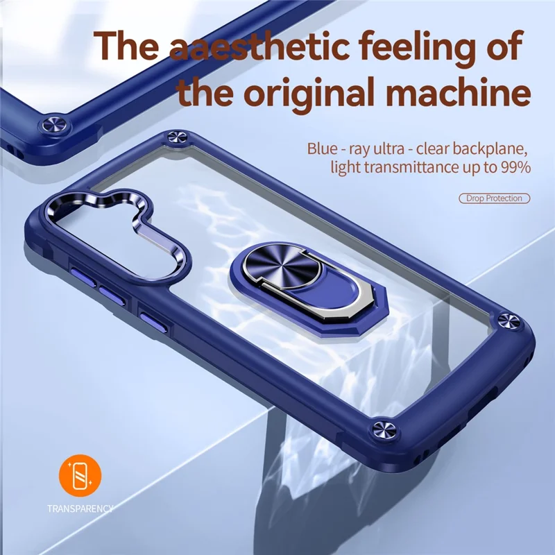 For Samsung Galaxy S25+ Case Alloy Lens Frame PC + TPU Kickstand Phone Back Cover - Blue