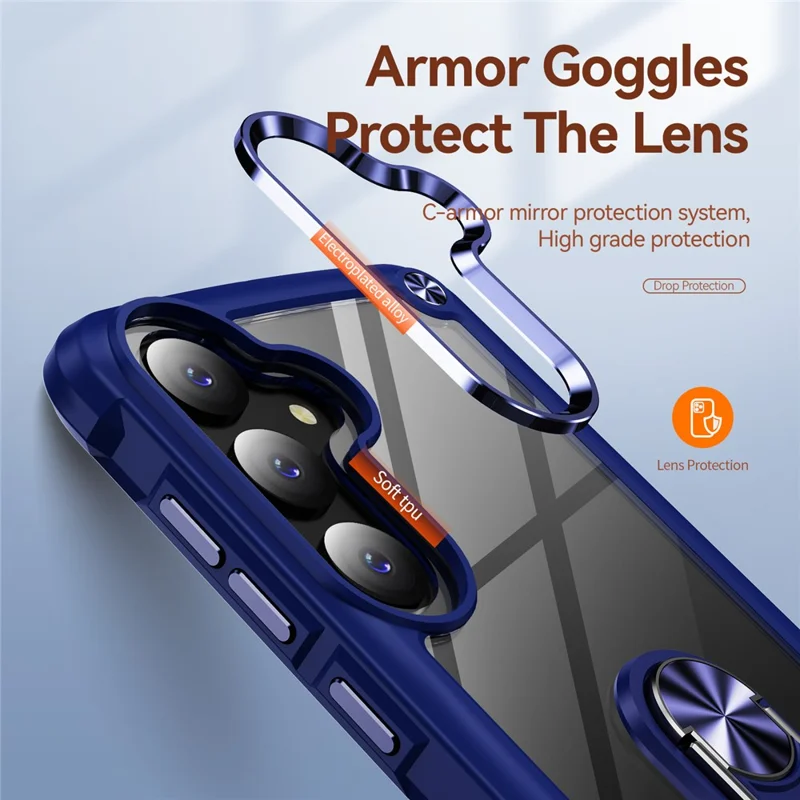 For Samsung Galaxy S25+ Case Alloy Lens Frame PC + TPU Kickstand Phone Back Cover - Blue
