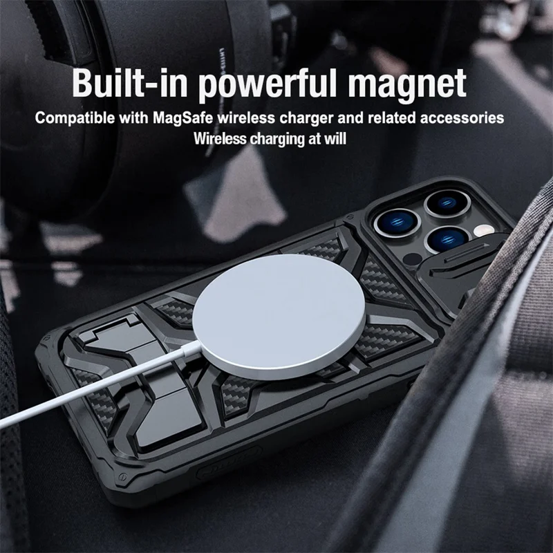 Nillkin Pour Iphone 14 Pro Max Adventurier Pro Anti-drop Phone Case Kickstand Avec Couverture de Caméra de Diapositive Tpu + pc Couverture de Téléphone Prise en Charge du Fil Sans Fil Charge - Bleu