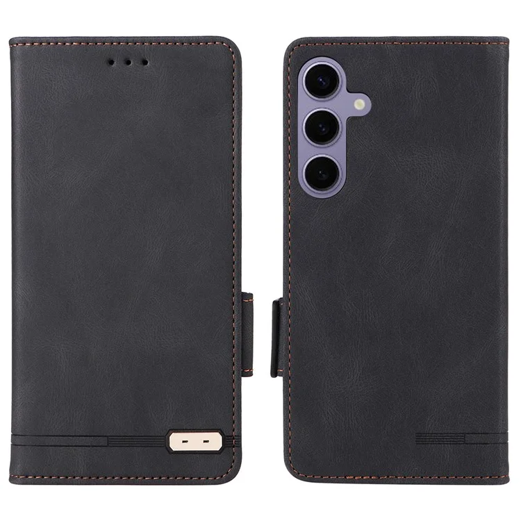 Funda de cuero con tapa tipo billetera y decoración metálica para Samsung Galaxy S25 - Negro