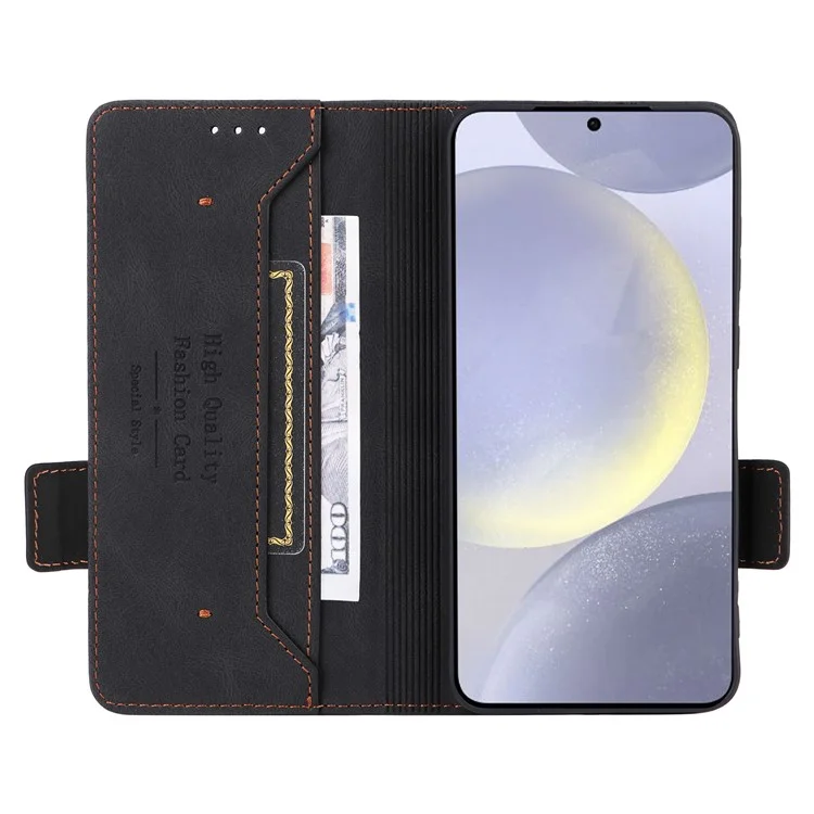 Funda de cuero con tapa tipo billetera y decoración metálica para Samsung Galaxy S25 - Negro