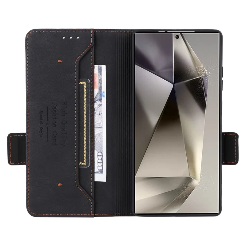 Voor Samsung Galaxy S25 Ultra hoesje in leer met portemonnee en flipbedekking met hardwaredecor - Zwart