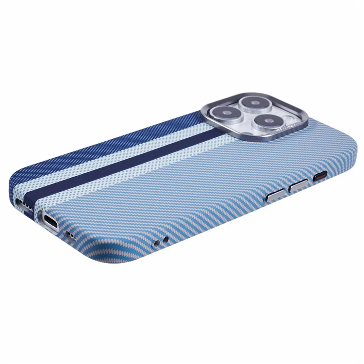 Étui pour iPhone 16 Pro compatible avec MagSafe Texture en fibre de carbone Transfert d'eau PC Cover - Bandes verticales bleues