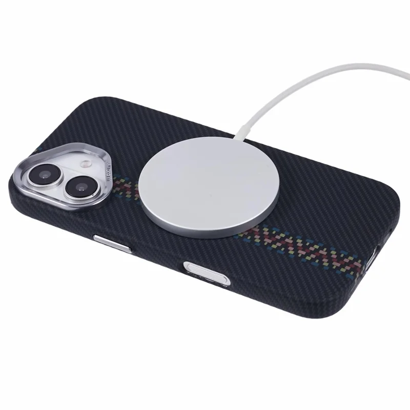 For iPhone 16 Case Compatible with MagSafe Carbon Fiber Texture Water-Transfer PC Phone Cover - Colorful+Black Stripes