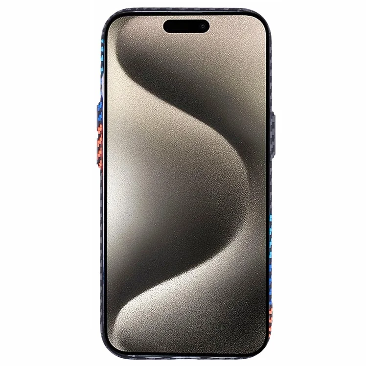 For iPhone 15 Case Compatible with MagSafe Carbon Fiber Texture Water-Transfer PC Phone Cover - Baby Blue+Dark Blue+Red